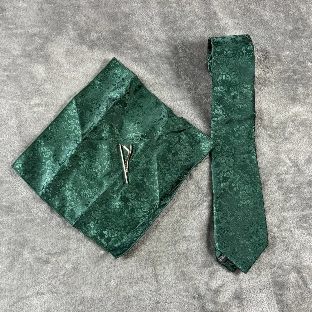 Jemygins Mens Green Floral Silk Blend Tie Pocket Square Tie Clip Set Hand Made